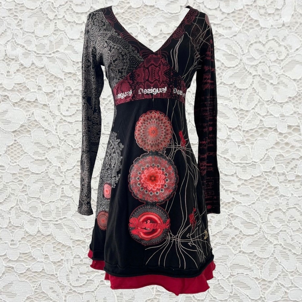 vintage desigual all over graphic patterned long sleeve babydoll mini dress